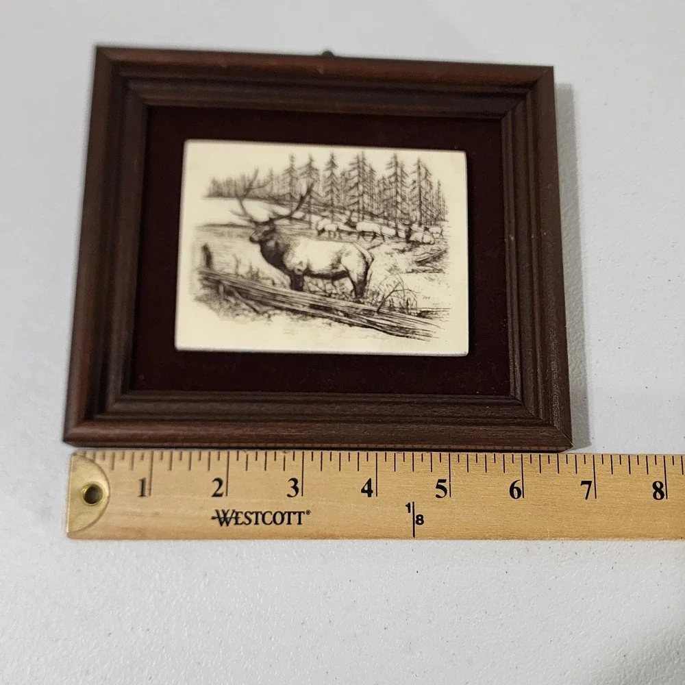 Vintage Framed Scrimshaw Style Elk Wilderness Art Rustic Cabin Decor 7x6